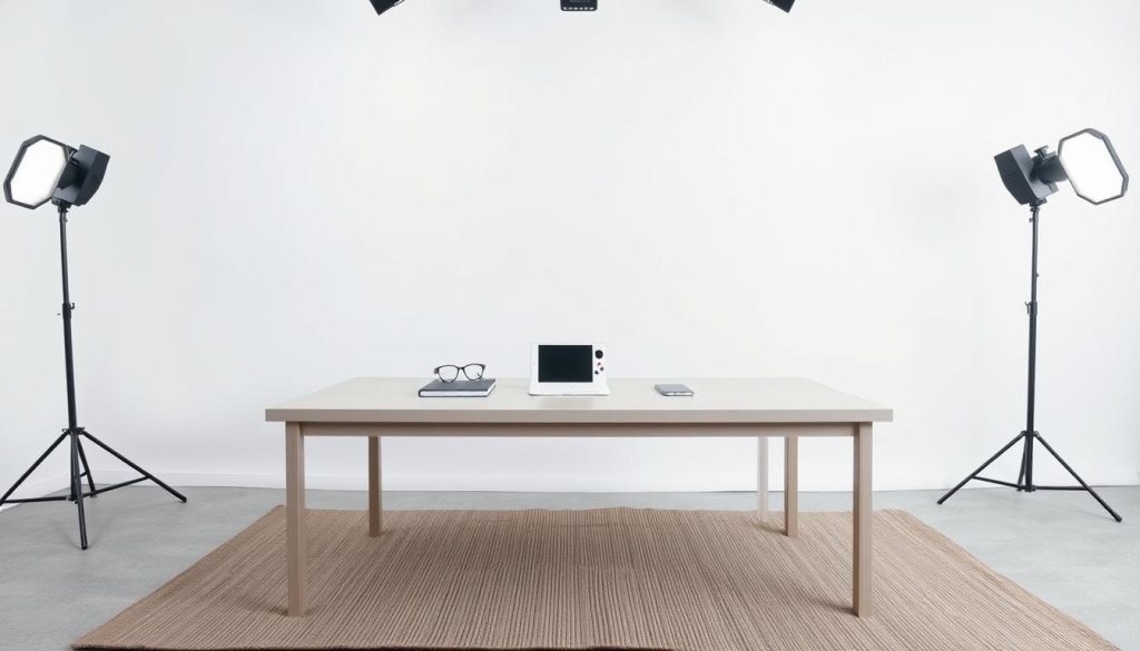 A minimalist, budget-friendly YouTube unboxing set with a clean, simple backdrop. The foreground features a plain, neutral-colored table or desk, with a muted, natural-toned rug or mat underneath. The middle ground showcases the product being unboxed, accompanied by a few complementary accessories like a notebook, pen, or smartphone. The background is a plain, solid-colored wall or screen, offering a crisp, distraction-free canvas. Soft, diffused lighting from multiple angles creates an even, professional-looking illumination, while a wide-angle lens captures the entire setup in a visually appealing composition.