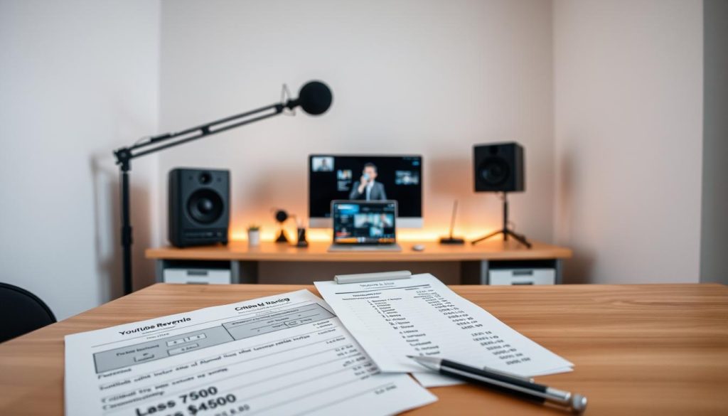 A modern, minimalist home studio setup with a simple, muted backdrop. The main focus is a desk displaying a laptop, microphone, and other YouTube content creation equipment. The lighting is soft and diffused, creating a warm, professional atmosphere. In the foreground, financial documents and calculations related to YouTube revenue are visible, suggesting the topic of analyzing and critiquing YouTube monetization. The overall composition is clean, balanced, and conveys a sense of thoughtful, analytical engagement with the subject matter.