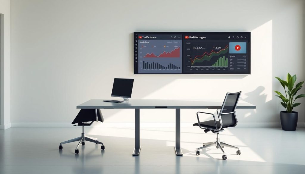 A modern, minimalist office setting with a sleek desk, ergonomic chair, and a large monitor displaying analytical data. The background features a clean, white wall with a subtle geometric pattern. Soft, natural lighting illuminates the space, creating a professional and productive atmosphere. The overall composition emphasizes the concept of evaluating YouTube income, with a focus on financial analysis and data-driven decision making.