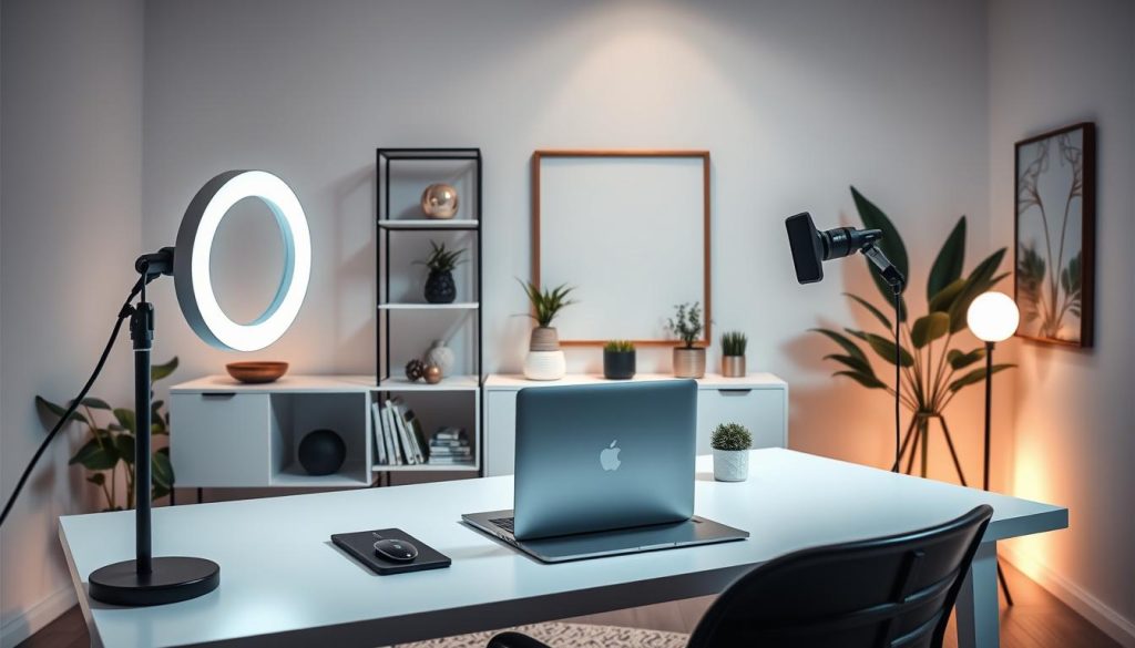 A modern, stylish YouTube studio setup with a chic, minimalist aesthetic. The foreground features a sleek, minimalist desk with a laptop, ring light, and a professional-grade microphone. The middle ground showcases a minimalist bookshelf, adorned with plants and decorative items that complement the overall design. The background depicts a simple, yet elegant wall with a large, framed artwork or a decorative mirror, creating a visually appealing and cohesive space. The lighting is soft and diffused, casting a warm, inviting glow throughout the scene. The overall mood is sophisticated, trendy, and tailored to the needs of a fashion and style-focused YouTube channel.