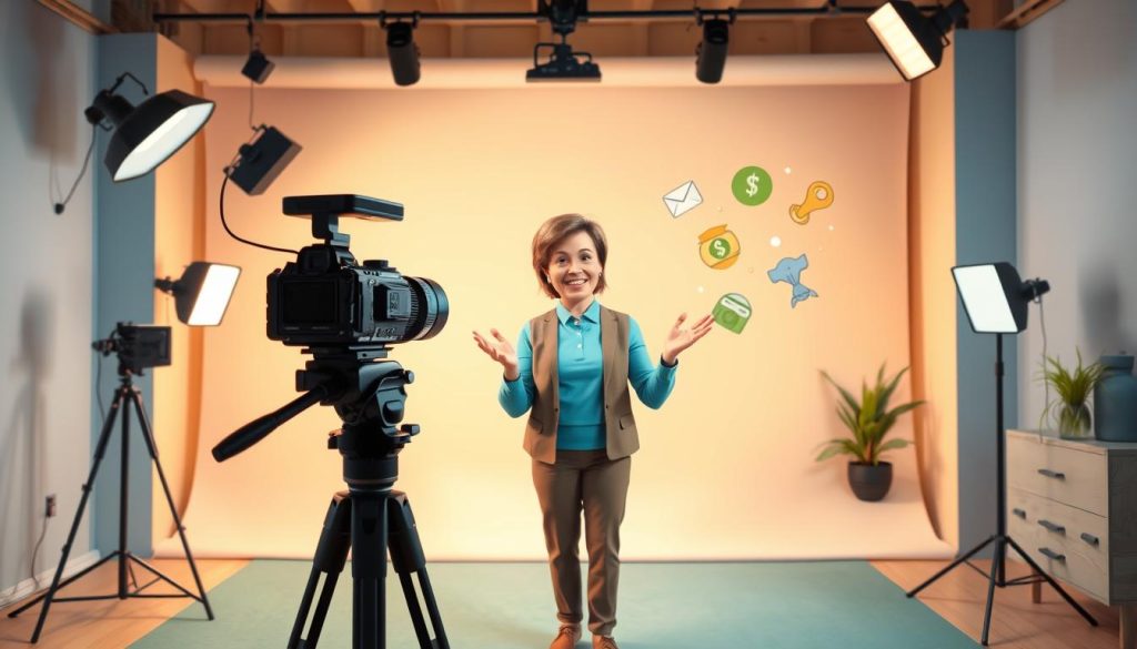 A modern, vibrant video studio with professional lighting and equipment. The camera is set up on a sturdy tripod, framing the scene in a dynamic, cinematic angle. The host, a middle-aged person with a friendly, approachable demeanor, stands before a clean, minimalist backdrop, gesturing enthusiastically as they speak. The lighting is warm and flattering, creating a cozy, inviting atmosphere. Cartoon-style icons and graphics float in the background, representing the key topics of money management and personal finance for the 40+ audience. The overall scene conveys a sense of excitement, accessibility, and the potential for a successful YouTube channel.