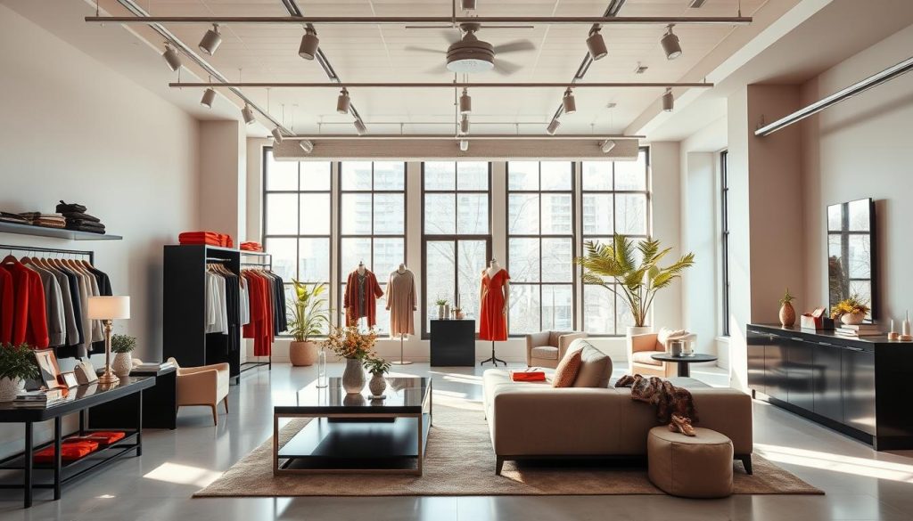 A modern, visually striking fashion studio with sleek, minimalist decor. Soft, natural lighting filters through large windows, creating a warm, inviting atmosphere. Elegant, neutral-toned furniture and fixtures complement the space, while strategic pops of color in textiles and accessories add visual interest. The overall aesthetic is sophisticated, stylish, and conducive to showcasing the latest fashion trends. Carefully curated props and background elements subtly reference the industry, without distracting from the main focus - the stunning, high-quality visuals that will captivate the audience.