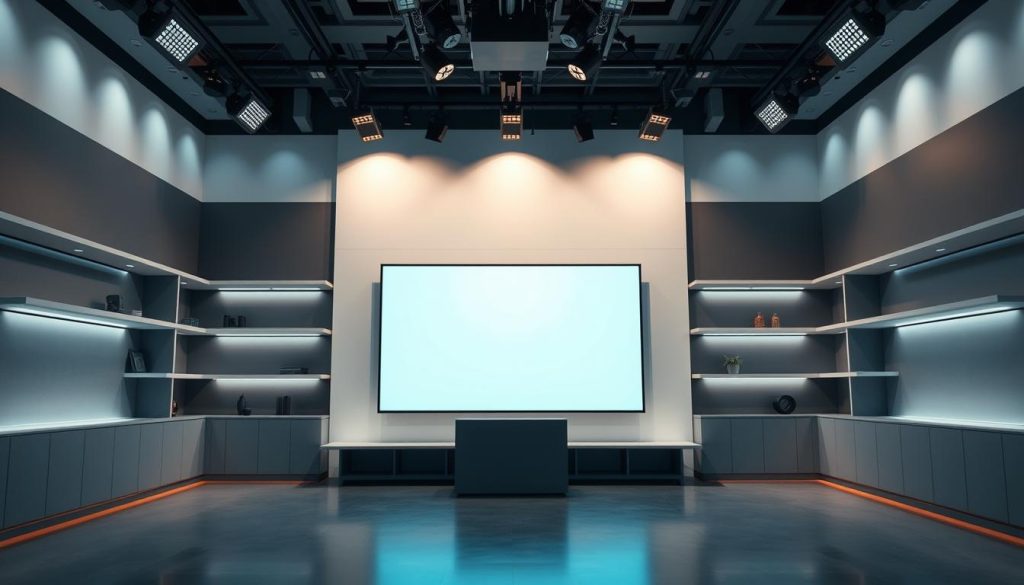 A modern, well-designed presentation studio with a sleek, professional appearance. The set features a large, central display screen, flanked by minimalist shelving and sleek lighting fixtures. The overall tone is one of sophistication and focus, with a neutral color palette of grays, whites, and soft accent colors. The lighting is balanced, with a combination of directional spotlights and diffused ambient illumination, creating a polished, cinematic atmosphere. The camera angle is slightly elevated, providing a dynamic, authoritative perspective on the space. The overall effect is one of a high-quality, focused environment, well-suited for educational or business-oriented video content.