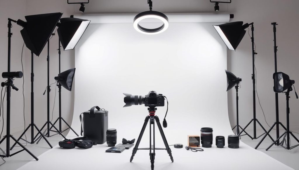 A neatly arranged studio setup with professional-grade lighting equipment, including a softbox, ring light, and floor lamps, positioned to create a clean, minimalist backdrop. In the foreground, a high-quality DSLR camera on a sturdy tripod, accompanied by various camera accessories like lenses, filters, and a remote shutter release. The middle ground features a simple, neutral-colored backdrop, such as a solid white or gray seamless paper or cloth. The overall atmosphere is one of purposeful, well-designed functionality, conveying a sense of high-quality production values for a minimalist unboxing video.