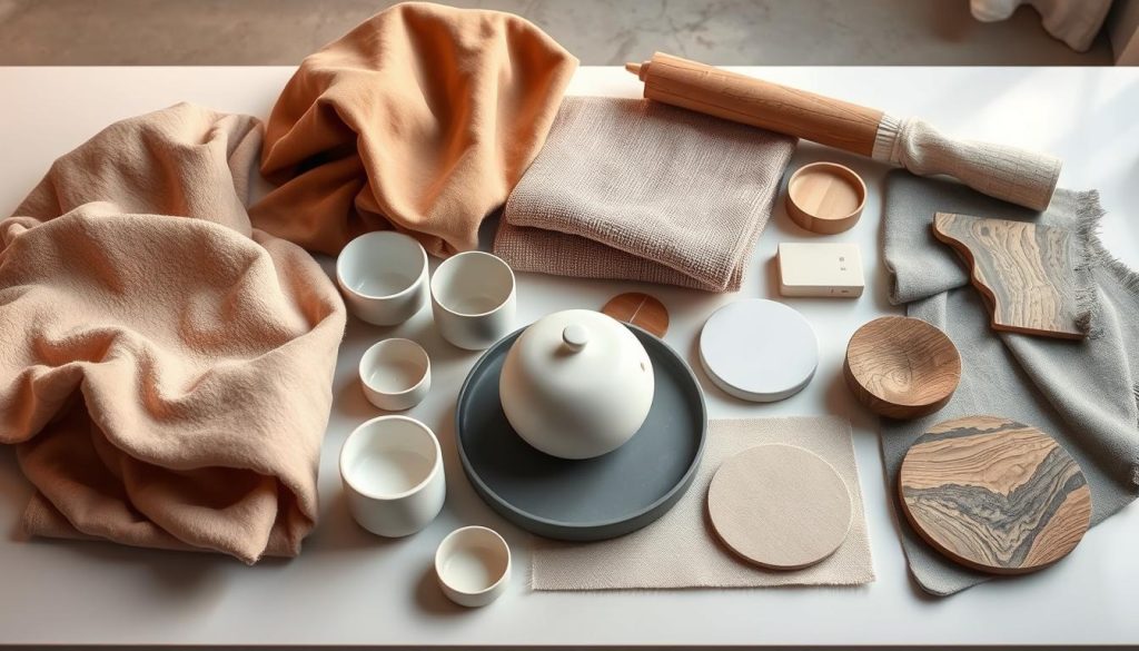A neatly organized selection of high-quality materials for a professional and captivating interior design setup. Meticulously arranged on a sleek, minimalist table, the materials include a range of textures and colors - plush fabrics, smooth ceramics, polished metals, and natural woods. Soft, diffused lighting casts a warm, inviting glow, highlighting the thoughtful curation of these design elements. The overall composition conveys a sense of refined elegance and artistic sensibility, perfectly suited to showcase the creative potential of this fashion and style-focused YouTube decor project.