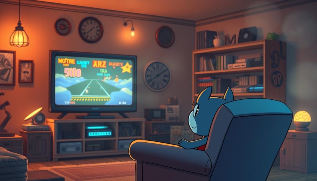 A nostalgic, inviting scene depicting a cozy living room with vintage decor, warm lighting, and a large TV screen showcasing retro video game visuals. In the foreground, an intricately detailed cartoon character, perhaps a lovable mascot or a familiar 90s-era icon, sits comfortably in a plush armchair, lost in the mesmerizing glow of the screen. The middle ground features a stylized bookshelf filled with classic VHS tapes, game cartridges, and other memorabilia that evoke a sense of childhood wonder and cherished memories. The background blends soft, atmospheric hues, creating a dreamlike, timeless ambiance that transports the viewer back to a simpler, more nostalgic era.