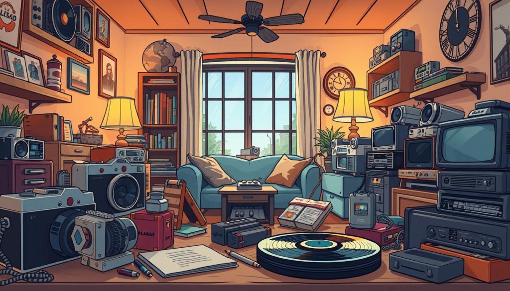 A nostalgic scene featuring vintage-inspired illustrations and subtle visual cues evoking the past. In the foreground, a collection of retro-style objects and memorabilia - old-fashioned cameras, vinyl records, cassette tapes, and analog devices. The middle ground depicts a cozy living room or study space, with warm lighting and a sense of comfort and familiarity. In the background, a window or doorway offers a glimpse of a bygone era, hinting at the passage of time and the power of fond memories. The overall mood is one of wistfulness and a longing for the simpler pleasures of bygone days, conveyed through a harmonious blend of illustration styles and a nostalgic color palette.