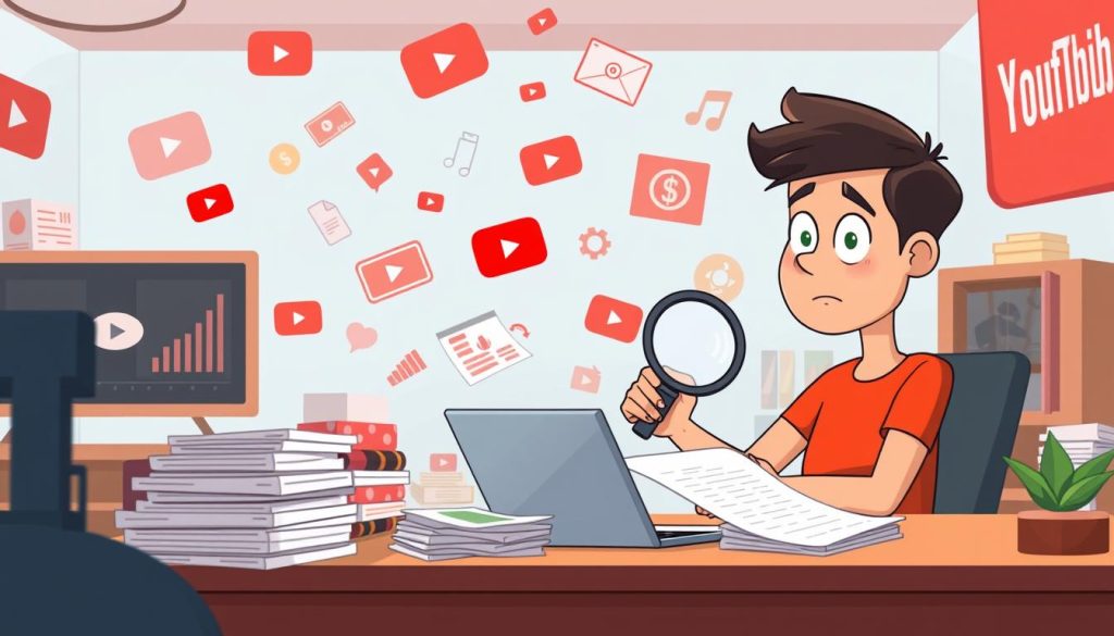 A playful, animated scene depicting a YouTuber carefully scrutinizing their channel's income. In the foreground, the YouTuber sits at a desk, surrounded by stacks of papers, a laptop, and a magnifying glass, meticulously analyzing the financial data. In the middle ground, various icons and charts representing YouTube's monetization features float and dance around the YouTuber, creating a whimsical, yet focused atmosphere. The background is a stylized representation of the YouTube platform, with the iconic red and white branding elements, playful animations, and a sense of vibrant, creative energy. The lighting is soft and warm, emphasizing the YouTuber's thoughtful expression as they navigate the complexities of generating income from their content.