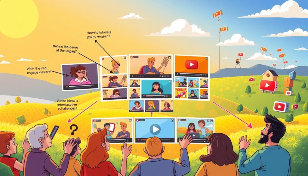 A playful, colorful cartoon-style illustration showcasing various video ideas to engage viewers. In the foreground, a group of people brainstorming, gesturing excitedly as they suggest concepts like how-to tutorials, behind-the-scenes footage, and interactive challenges. In the middle ground, a collage of video thumbnails featuring vibrant graphics, dynamic compositions, and expressive characters. The background depicts a lively YouTube-inspired landscape, with rolling hills, cloud-dotted skies, and whimsical video icons. Warm, vibrant lighting casts a cheerful glow, while a wide-angle lens captures the energy and creativity of the scene. A playful, colorful cartoon-style illustration showcasing various video ideas to engage viewers. In the foreground, a group of people brainstorming, gesturing excitedly as they suggest concepts like how-to tutorials, behind-the-scenes footage, and interactive challenges. In the middle ground, a collage of video thumbnails featuring vibrant graphics, dynamic compositions, and expressive characters. The background depicts a lively YouTube-inspired landscape, with rolling hills, cloud-dotted skies, and whimsical video icons. Warm, vibrant lighting casts a cheerful glow, while a wide-angle lens captures the energy and creativity of the scene.