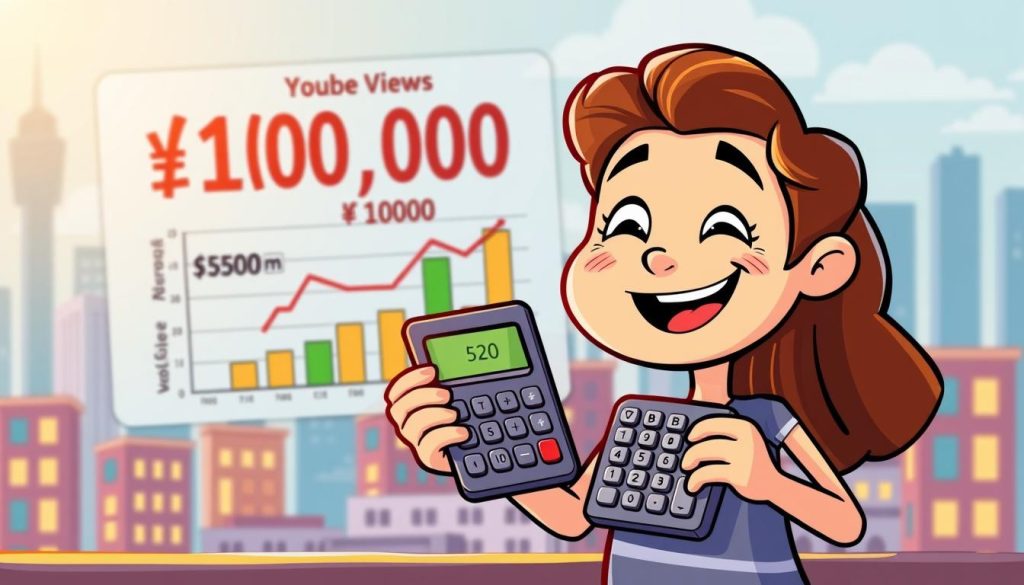 A playful, whimsical illustration of income calculation from 1000 YouTube views. In the foreground, a cheerful cartoonish character holds a calculator, their expression animated as they tally up the earnings. Behind them, a stylized graph or chart depicting the revenue breakdown per 1000 views, with colorful visual elements to make the data engaging and easy to understand. The background features a lively, stylized cityscape, hinting at the broader context of an online content creator's journey. Warm lighting and a vibrant color palette convey a sense of excitement and accomplishment around this important financial milestone.