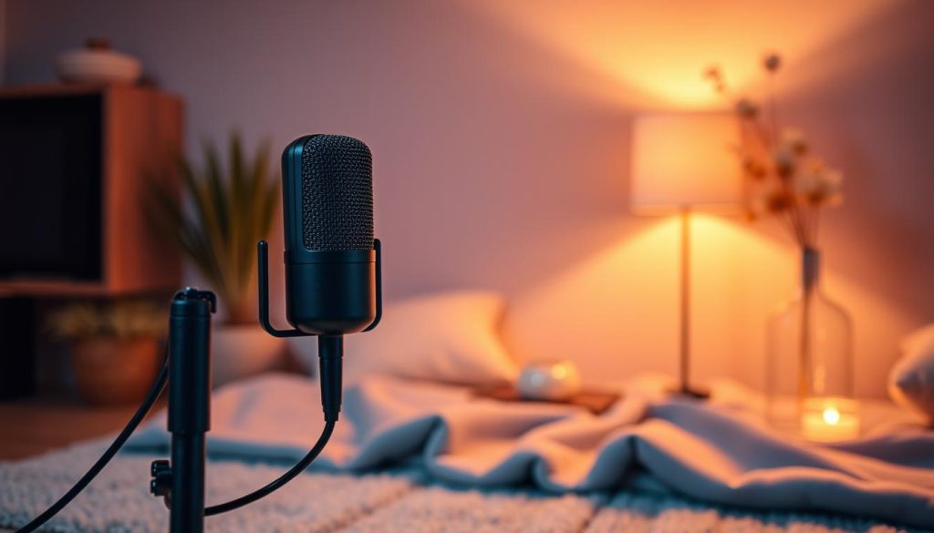 A professional and captivating ASMR microphone, meticulously designed with a sleek, minimalist aesthetic. The microphone is positioned in the foreground, its matte black finish accentuated by soft, warm lighting emanating from the surrounding environment. The middle ground features a subtle, atmospheric backdrop, with diffused lighting creating a calming and immersive ambiance. The background showcases a thoughtfully curated ASMR-inspired décor, including plush textures, natural elements, and a gentle, soothing color palette. The overall scene evokes a sense of tranquility and invites the viewer to experience the harmonious balance of sound and visual aesthetics.