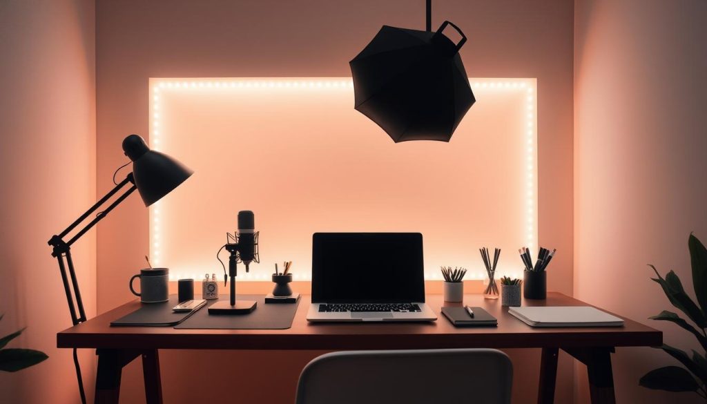 A professional and visually captivating YouTube tutorial decor. A minimalist desk setup with a modern LED-lit backdrop, casting a warm glow. Crisp, high-quality camera angles showcasing the workspace. Carefully curated props, such as a high-end microphone, sleek laptop, and neatly organized stationery. Diffused lighting from a large softbox illuminates the scene, creating a polished, cinematic atmosphere. The overall design is clean, inviting, and optimized for an engaging video presentation.