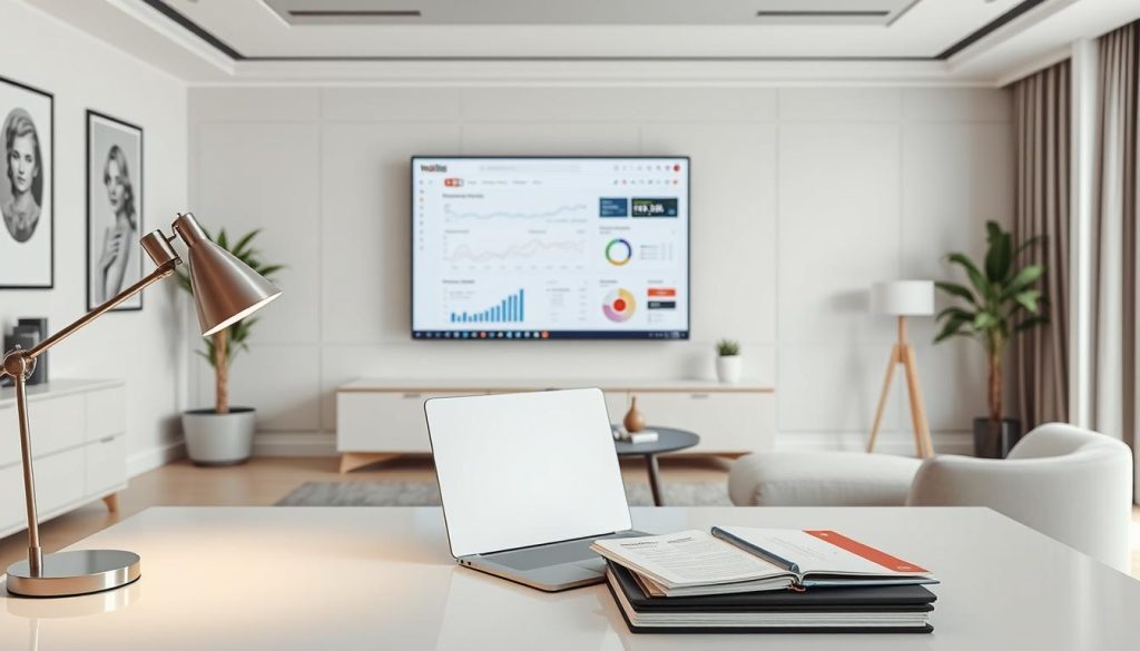 A professional-looking workspace with a sleek, modern design. The foreground features a minimalist desk with a laptop, a stylish lamp, and a stack of documents or a tablet. In the middle ground, there is a large monitor displaying various analytics and financial data, representing the process of analyzing YouTube revenue. The background showcases a sophisticated, well-lit interior with clean lines, neutral colors, and carefully curated decor elements that complement the overall aesthetic. The lighting is soft and diffused, creating a calm and focused atmosphere suitable for the task of reviewing and managing YouTube income.