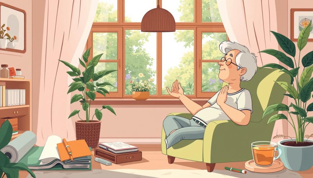 A serene and cozy scene depicting self-care techniques for middle-aged individuals. In the foreground, a person relaxes in a comfortable armchair, engaging in mindfulness meditation amidst natural lighting. The middle ground showcases various self-care tools, including a yoga mat, a journal, and a cup of herbal tea. In the background, a window overlooks a tranquil garden, evoking a sense of balance and inner peace. The illustration has a warm, earthy color palette and a cartoonish, approachable style, inviting the viewer to imagine themselves in this calming environment.