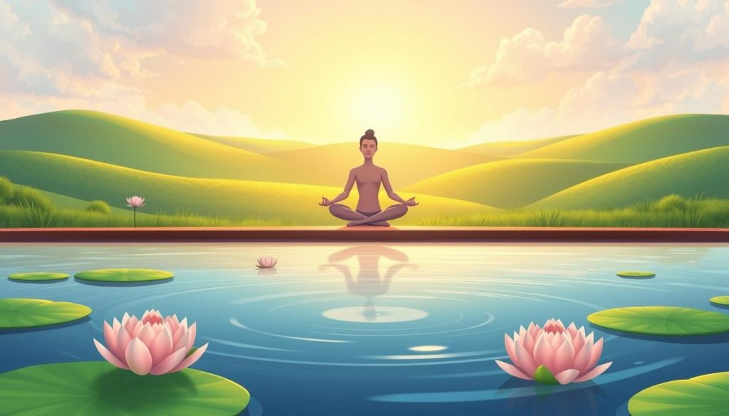 A serene and tranquil scene depicting the optimal duration for meditation videos. In the foreground, a peaceful lotus pond with gentle ripples reflects the calming atmosphere. In the middle ground, a meditating figure sits cross-legged, radiating an aura of inner peace. The background showcases a lush, verdant landscape with rolling hills and a vibrant sky, evoking a sense of harmony and balance. The lighting is soft and diffused, creating a warm and inviting ambiance. The overall composition conveys the idea of finding the right balance between the mind, body, and environment for an enriching meditation experience.
