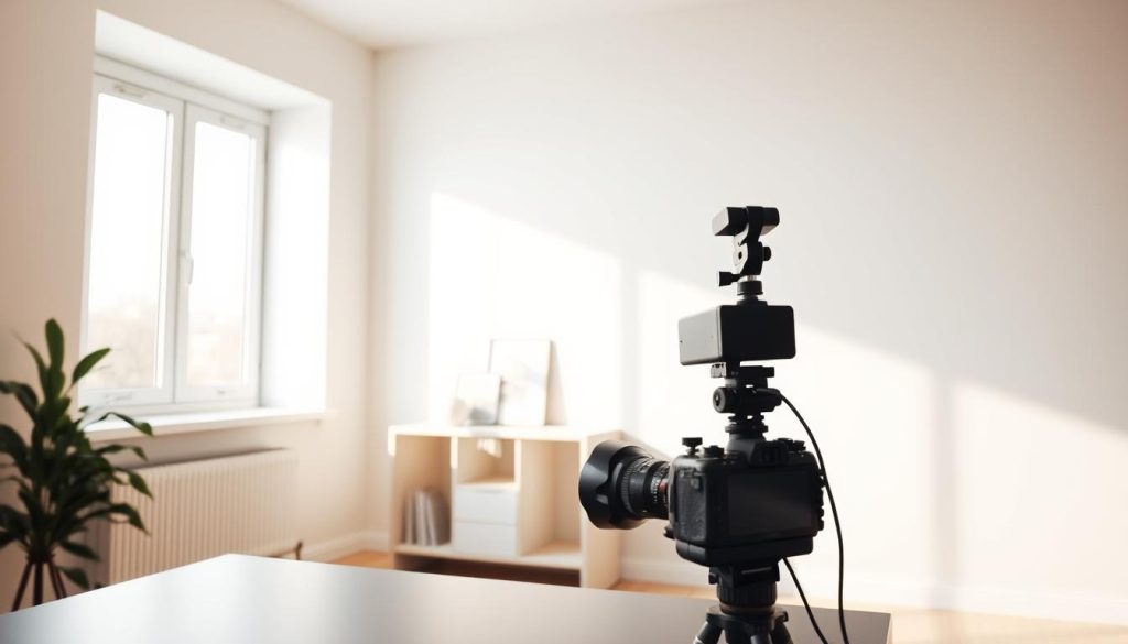 A serene and well-curated home studio setup with a clean, minimalist aesthetic. A large window floods the space with natural light, casting a warm glow over the scene. In the foreground, a sleek, modern desk with a professional-grade camera and lighting equipment. The middle ground features a simple, elegant bookshelf displaying a few carefully selected decor pieces. The background showcases a plain, neutral-toned wall, creating a polished, distraction-free backdrop for filming high-quality educational videos. The overall composition exudes a sense of balance, simplicity, and a focus on the essential elements needed for a professional-looking home studio setup.