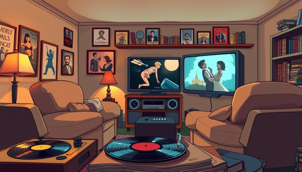 A serene, cozy home theater setting with plush armchairs and a large vintage TV screen displaying a classic film. Soft, warm lighting creates a nostalgic atmosphere, while a record player and a collection of vinyl albums in the foreground suggest a love for timeless music. The walls are adorned with framed movie posters and memorabilia, conveying a passion for cinema. A bookshelf in the background holds a curated selection of classic film and music books. The overall scene exudes a sense of comfort, tradition, and the joy of rediscovering timeless artistic treasures.
