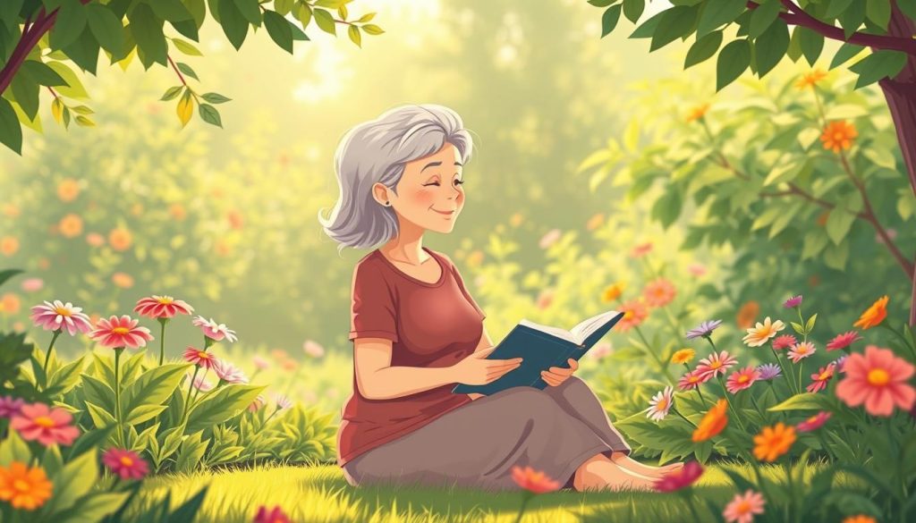 A serene, middle-aged person sitting in a peaceful garden, surrounded by lush greenery and vibrant flowers. Soft, natural lighting creates a warm, contemplative atmosphere. The person is engaged in a calming activity like reading, journaling, or gentle stretching, reflecting the importance of mental well-being during the midlife stage. The image should convey a sense of inner calm, balance, and self-care, encouraging the viewer to prioritize their emotional health.