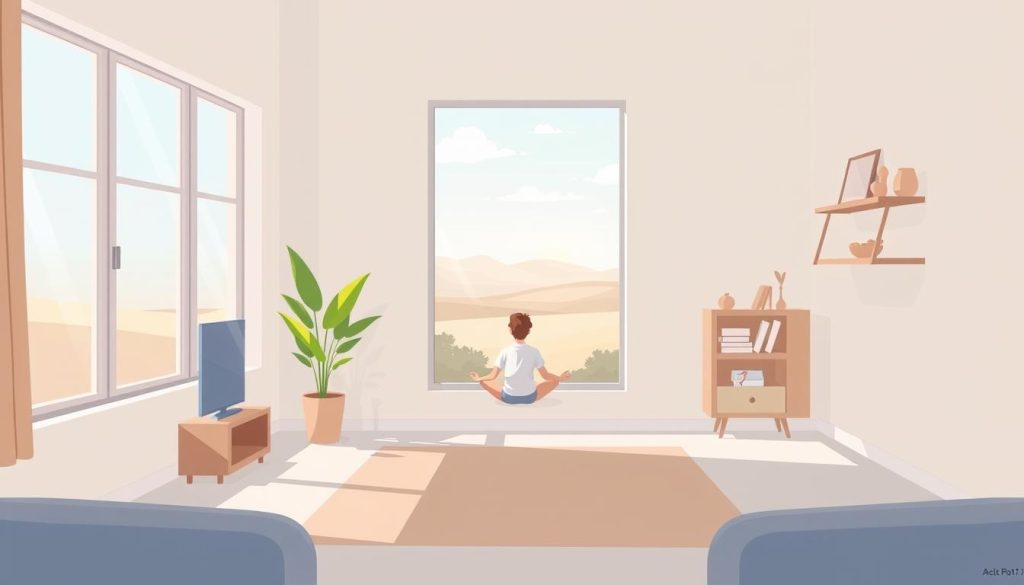 A serene, minimalist scene depicting a 40-year-old person's journey with minimalism. In the foreground, a simple, clean-lined living space with natural lighting streaming through large windows. Pops of color in the form of a vibrant houseplant and a cozy reading nook. In the middle ground, a person, drawn in a whimsical, cartoon style, sitting cross-legged and contemplating a minimalist lifestyle. The background features a tranquil, nature-inspired landscape, with rolling hills and a distant horizon, conveying a sense of balance and contentment. The overall mood is one of introspection, simplicity, and the appreciation of the essential.