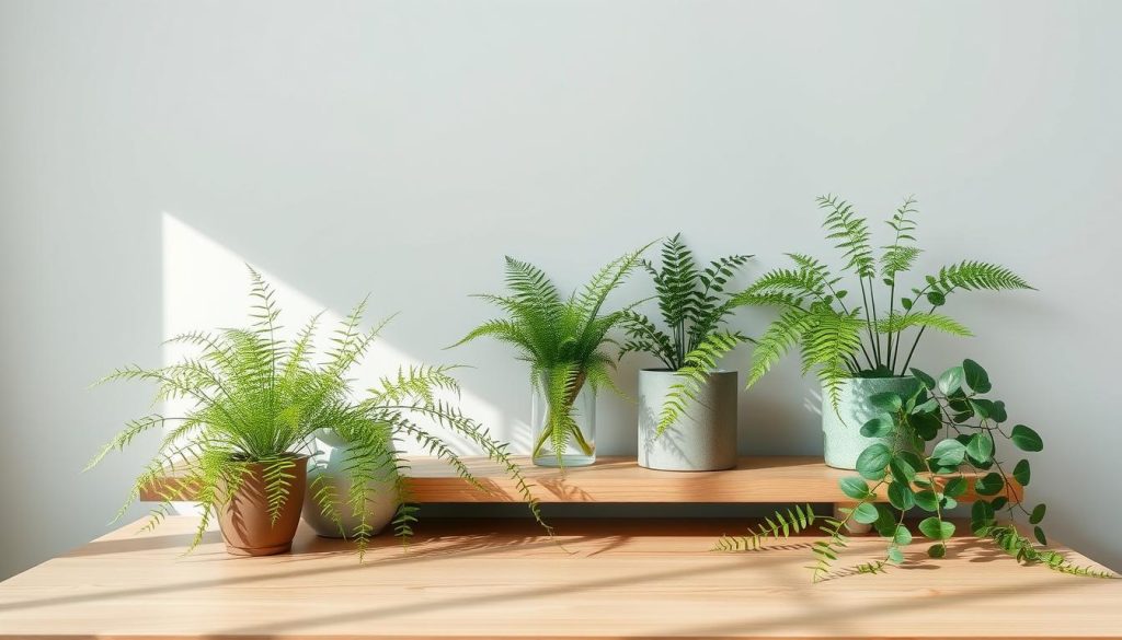 A serene natural ASMR décor, with soft, diffused lighting and muted tones. Delicate green foliage, including lush ferns and potted plants, creates a calming, minimalist atmosphere. A wooden table or shelf serves as the focal point, with smooth, clean lines and a subtle texture. Gentle shadows and highlights accentuate the natural forms, while the overall composition evokes a sense of tranquility and relaxation. The scene is captured through a wide-angle lens, emphasizing the harmony between the various elements and the surrounding space.