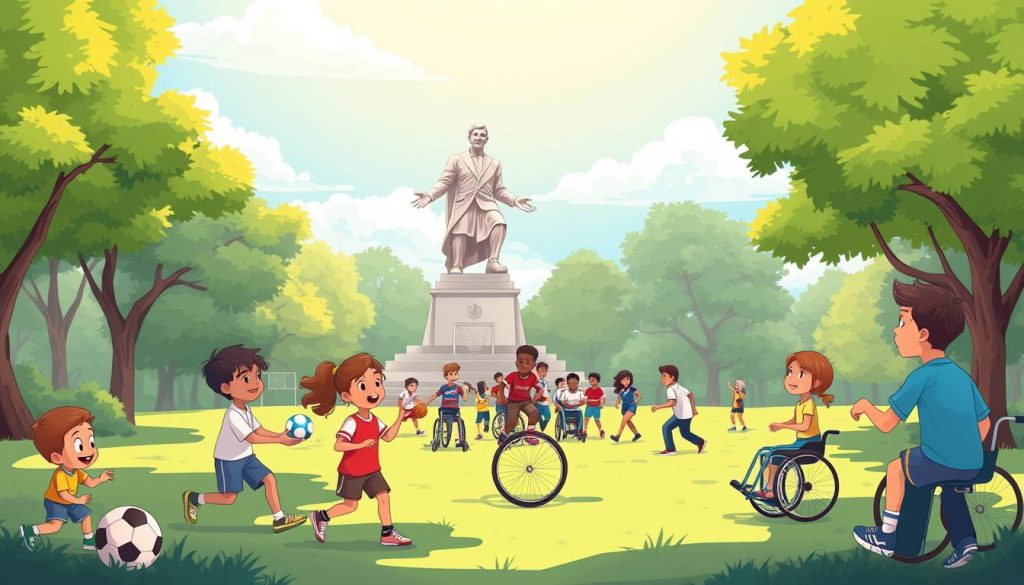 A serene park setting, with lush green trees and a vibrant blue sky above. In the foreground, a group of smiling children engaged in various sports activities - playing soccer, tossing a frisbee, and practicing their basketball skills. In the middle ground, a group of enthusiastic athletes, both able-bodied and wheelchair-bound, participate in a friendly game, their faces alight with joy and camaraderie. In the background, a towering statue of a revered sports hero stands as a symbol of inspiration, casting a warm, benevolent gaze over the entire scene. The overall mood is one of hope, community, and the power of sports to bring people together and make a positive difference.