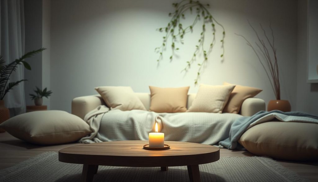 A serene, softly-lit ASMR video set featuring a cozy, minimalist decor with muted colors and natural textures. The foreground showcases a low, wooden table with a single candle flickering gently, casting a warm, ambient glow. In the middle ground, plush, neutral-toned cushions and throws create an inviting, comfortable seating area. The background features a simple, white wall with a delicate, trailing plant adding a natural, calming element. Muted lighting, either from a large window or soft, indirect sources, bathes the scene in a gentle, soothing illumination. The overall atmosphere is one of tranquility, relaxation, and mindful, immersive ASMR experience.