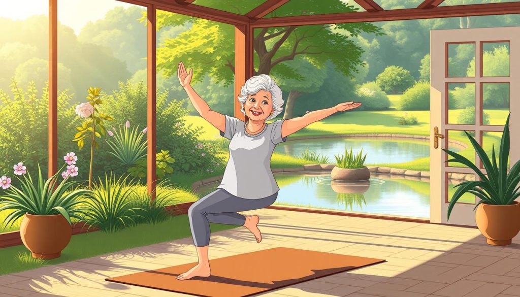 A serene yoga studio in the peaceful countryside, bathed in warm natural light. An elderly woman, her face radiating contentment, gracefully moves through a series of gentle poses. Around her, lush greenery and a tranquil pond create a sense of harmony and balance. The woman's movements are fluid, her breath steady, as she taps into the restorative powers of yoga, a practice that has enriched her life in the golden years. The scene exudes a sense of calm, rejuvenation, and the joys of maintaining an active, mindful lifestyle in the later stages of life.