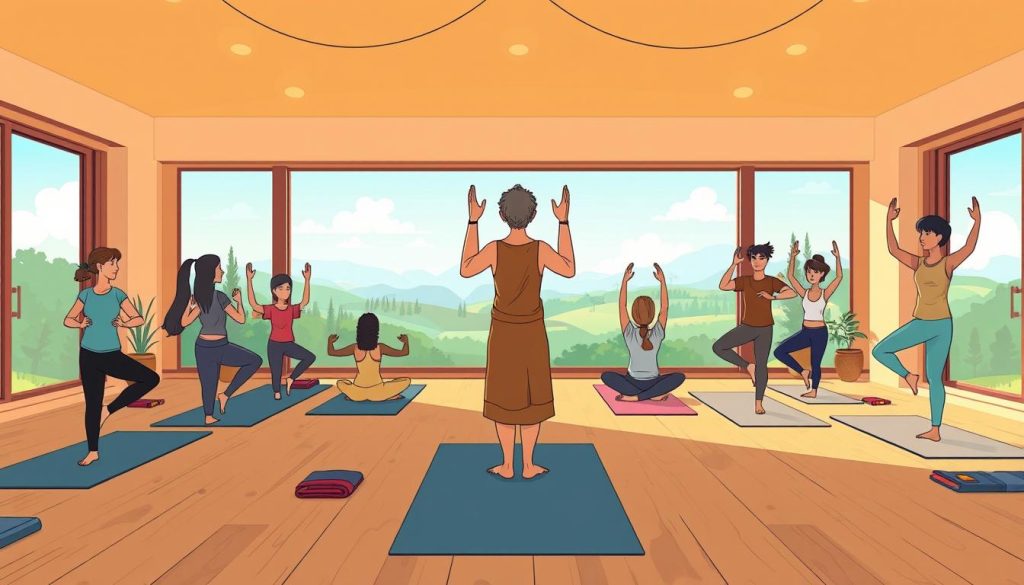 A serene yoga studio with warm lighting and a soothing atmosphere. In the foreground, a yogi guides a class of diverse students through a series of graceful asanas. The middle ground features an array of yoga props and equipment, neatly arranged and ready for use. In the background, a panoramic view of a tranquil, natural landscape sets the stage for the peaceful practice. The scene conveys a sense of harmony, mindfulness, and a holistic approach to well-being. The overall aesthetic is a whimsical, cartoon-like interpretation, capturing the essence of the yoga experience for a mature audience.