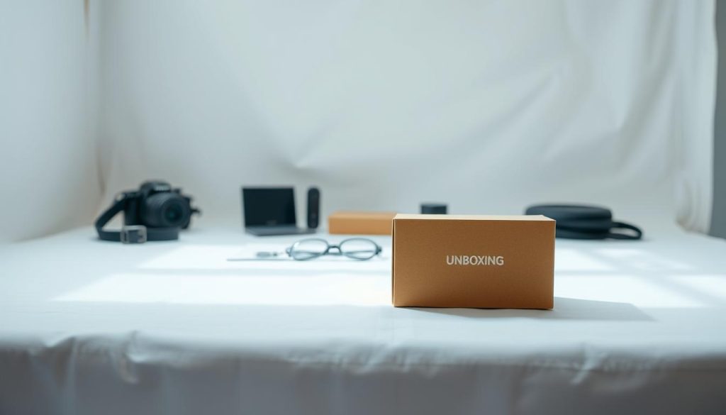 A simple, minimalist backdrop with natural lighting illuminating a well-arranged unboxing scene. In the foreground, a high-quality product is showcased with precision, its details highlighted by a crisp, clean frame. The middle ground features thoughtfully placed accessories and props, creating a visually balanced composition that draws the viewer's attention to the main subject. The background maintains a soft, blurred focus, allowing the product to be the clear focal point. The overall mood is one of professionalism, attention to detail, and a dedication to presenting the unboxing experience in the most compelling way.