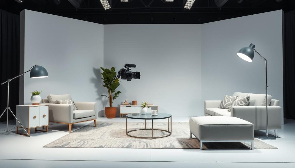A simple, minimalist set design with clean lines, neutral tones, and soft lighting. Sleek, modern furniture and decor elements create a visually appealing and uncluttered backdrop. The camera is positioned at a slight angle, capturing the subject in a dynamic, engaging way. The overall atmosphere is professional, polished, and focused on showcasing the product or content being featured. Careful attention to composition, texture, and balance ensures a visually striking and impactful image.