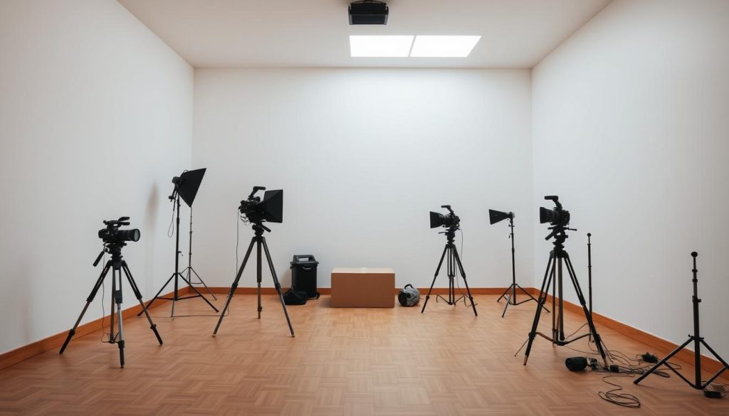 A simple, minimalist studio space with clean, evenly-lit walls in a neutral color palette. The room has a large window or skylight to provide natural illumination, casting soft, diffused lighting that creates a serene, inviting atmosphere. The floor is a hardwood or concrete surface, uncluttered and conducive to filming. Camera equipment, lighting gear, and other production elements are carefully arranged to maintain a visually harmonious, professional-looking setting ideal for an unboxing video.