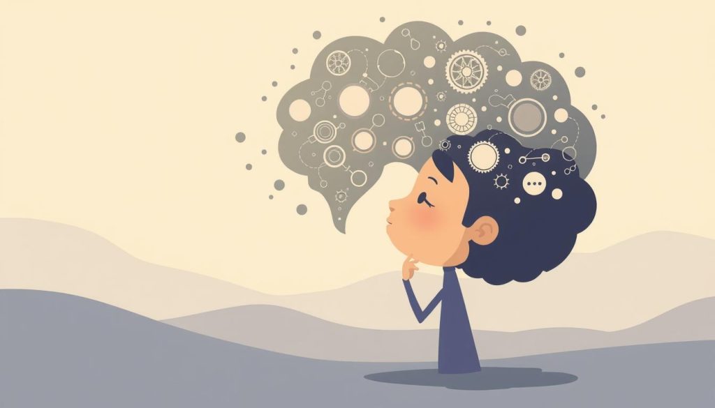 A simple, whimsical illustration of a person deep in thought, their mind expanding with intricate patterns and ideas. Soft, muted colors create a calming, contemplative atmosphere. The figure is positioned centrally, with the background fading into an abstract, dreamlike landscape. The lighting is gentle, emanating a sense of tranquility. The composition emphasizes the power of simplicity to evoke profound emotions and insights. An animated, cartoon-like style brings a touch of playfulness to the serious subject matter.