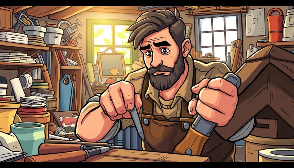 A skilled craftsman meticulously demonstrates the intricate process of his work, captured in a vibrant cartoon-style illustration. The foreground showcases the artisan's hands deftly handling tools as he repairs a roof, surrounded by a cluttered workshop filled with materials and equipment. The middle ground reveals the craftsman's focused expression, his brow furrowed in concentration. The background depicts a cozy, homely atmosphere, with sunlight streaming through a window, casting a warm glow over the scene. The overall mood is one of dedication, expertise, and the pride of mastering a specialized craft. A skilled craftsman meticulously demonstrates the intricate process of his work, captured in a vibrant cartoon-style illustration. The foreground showcases the artisan's hands deftly handling tools as he repairs a roof, surrounded by a cluttered workshop filled with materials and equipment. The middle ground reveals the craftsman's focused expression, his brow furrowed in concentration. The background depicts a cozy, homely atmosphere, with sunlight streaming through a window, casting a warm glow over the scene. The overall mood is one of dedication, expertise, and the pride of mastering a specialized craft.