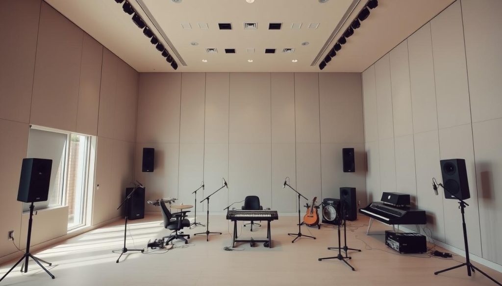 A sleek and modern acoustic studio with high ceilings and large windows flooding the space with natural light. Soundproofed walls in a neutral palette create a serene and focused atmosphere. Professional-grade audio equipment, microphones, and mixing consoles are meticulously arranged, hinting at the creative work done here. Soft, indirect lighting highlights the clean lines and minimalist design, conveying a sense of sophistication and attention to detail. The studio exudes an aura of artistic inspiration, perfectly suited for fashion and style content creation.