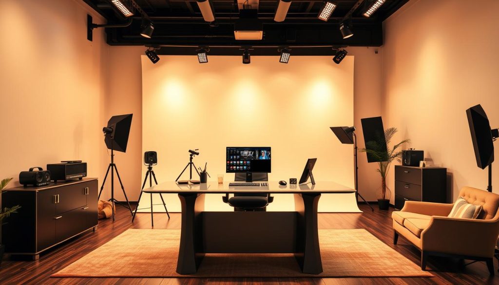 A sleek and sophisticated fashion-inspired YouTube studio decor, featuring a stylish backdrop with a minimalist design and chic color palette. Warm lighting illuminates the scene, casting a soft, inviting glow. In the foreground, a modern and visually striking desk setup with high-end tech equipment and accessories, complemented by elegant, professional-grade furnishings. The overall atmosphere exudes a sense of refined elegance and attention to detail, perfectly capturing the essence of the fashion and lifestyle content creation.