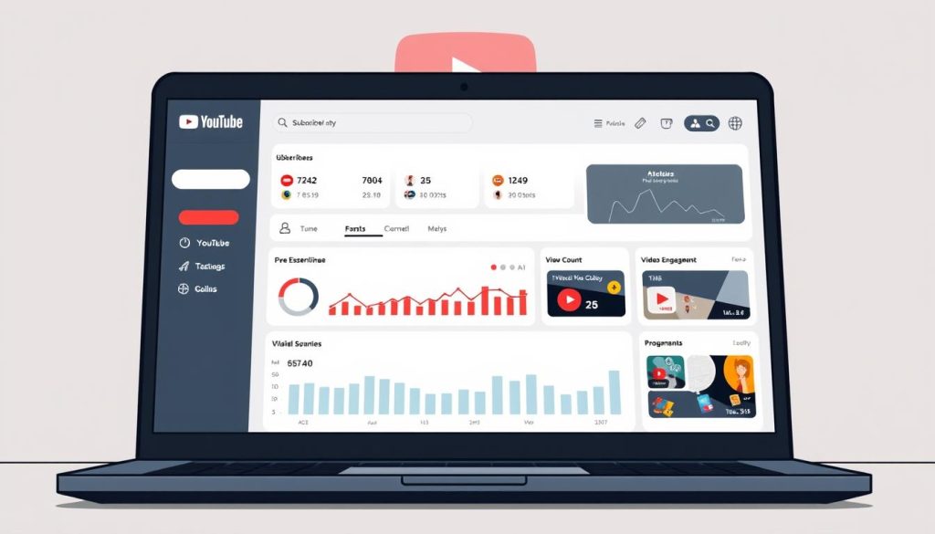 A sleek, minimalist YouTube optimization dashboard displayed on a laptop screen. The interface features intuitive icons and clean, color-coded metrics tracking key performance indicators like subscriber growth, view count, and video engagement. In the background, a stylized representation of the YouTube logo serves as a subtle backdrop, evoking the platform's visual identity. The overall atmosphere is one of efficiency and focus, reflecting the article's emphasis on streamlining a YouTube channel for a minimalist lifestyle after 40.