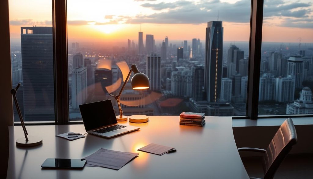 A sleek, modern office space with a minimalist aesthetic. The desk is adorned with a laptop, some scattered papers, and a stylish desk lamp that casts a warm, ambient glow across the room. In the background, a large window offers a view of a bustling city skyline, bathed in the soft, golden light of the setting sun. The overall mood is one of contemplation and quiet productivity, capturing the essence of the article's subject matter - a critical analysis of YouTube monetization and support for Iranian YouTubers.