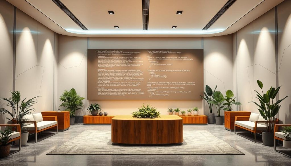 A sleek, modern programming-themed decor with a minimalist aesthetic. A large central display showcases elegant code snippets and algorithms against a muted, tech-inspired backdrop. Soft, indirect lighting illuminates clean lines and geometric shapes, creating a serene, focus-enhancing atmosphere. Subtle accents of primary colors and polished metal surfaces add pops of vibrancy, while abundant natural elements like potted plants and wooden accents lend a sense of warmth and balance. An engaging, immersive setting that inspires creativity and productivity for tech-savvy learners.