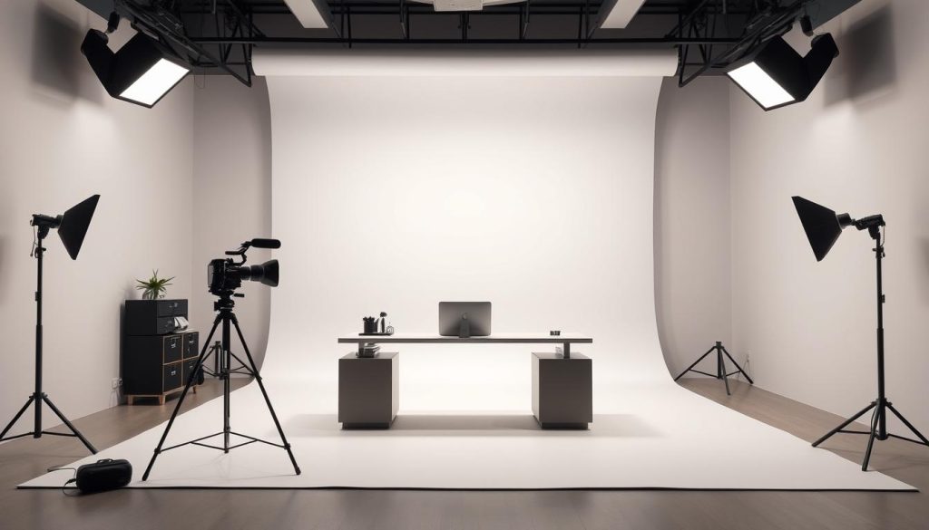 A sleek, modern video production studio with a professional and minimalist design. The backdrop features a large, seamless white wall, creating a clean and uncluttered look. Soft, diffused lighting from overhead softboxes casts a gentle glow, highlighting the subject. The camera is positioned at a slight angle, capturing a dynamic, engaging composition. The space is organized and streamlined, with a compact desk and minimal decor, allowing the video content to be the primary focus. The overall mood is one of simplicity, refinement, and a strong emphasis on search engine optimization and visibility.