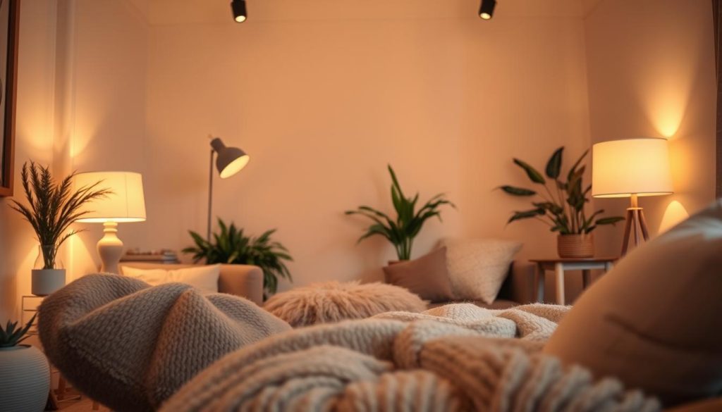A softly lit, cozy studio space with warm, ambient lighting casting a gentle glow. Plush, textured furnishings in neutral tones create a serene, inviting atmosphere. Strategically placed lamps and indirect lighting sources illuminate the scene, highlighting the nuanced textures and natural materials. Smooth, diffused illumination bathes the environment, emanating a calming, ASMR-inducing ambiance. Carefully curated decor elements, such as lush plants, fluffy pillows, and natural wood accents, contribute to the tranquil, soothing vibe. The camera captures the scene from a low, intimate angle, drawing the viewer into the serene, relaxing space.