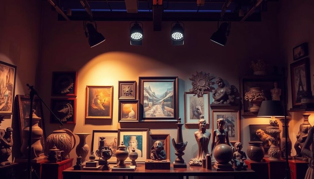 A sophisticated and captivating studio lighting setup, casting a warm, focused glow on an array of creative artworks and accessories. Dramatic shadows accentuate the textures and dimensions of the displayed items, drawing the viewer's eye to the intricate details. Carefully positioned spotlights illuminate the centerpiece, a striking collection of framed paintings and sculptures, creating a gallery-like ambiance. The overall atmosphere is one of elevated professionalism and artistic flair, perfectly showcasing the high-quality, handcrafted nature of the featured decor.