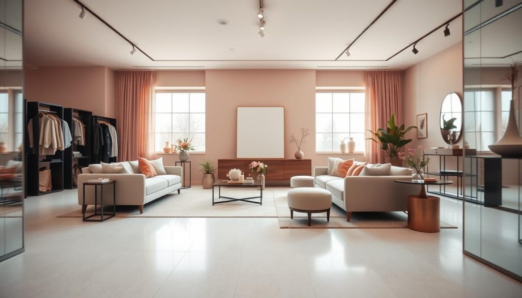 A sophisticated fashion studio with a chic and stylish vibe. Elegant color harmony of warm beige, soft pink, and subtle gray tones. Diffused natural lighting from large windows creates a serene ambiance. Sleek modern furniture, plush textiles, and minimal decor elements. Camera positioned at a mid-level angle to capture the balanced, harmonious visual composition. Subtle depth of field blur to emphasize the harmonious color palette and design elements. The overall mood is one of refined elegance, tasteful sophistication, and visually appealing aesthetic.
