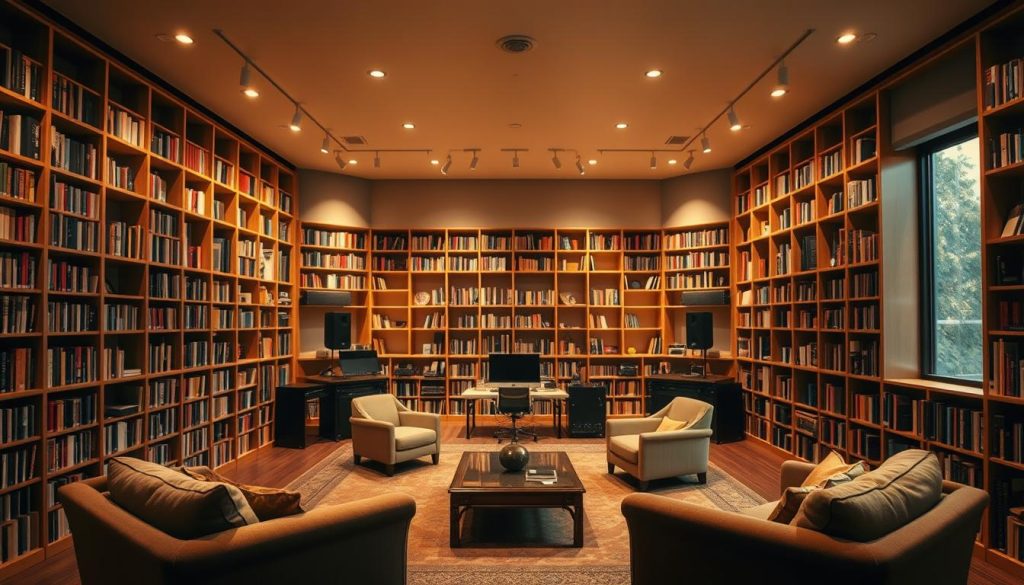 A spacious, well-designed studio space with a cozy, inviting atmosphere. The room features floor-to-ceiling bookshelves lining the walls, creating a warm, intellectual ambiance. Soft, diffused lighting illuminates the space, accentuating the rich textures of the wooden furniture and plush fabrics. The high ceilings and expansive windows give a sense of openness and depth, while the carefully placed acoustic panels ensure excellent sound quality for recording and production. The overall layout is balanced and visually harmonious, showcasing the thoughtful attention to detail in the professional-grade interior design.