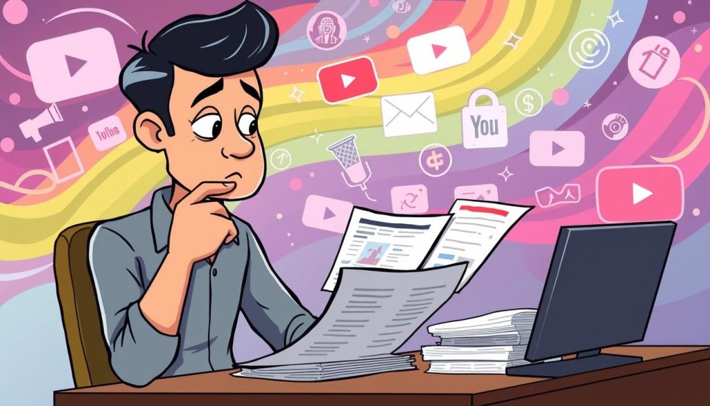 A stylized cartoon illustration depicting a person critically analyzing their YouTube income. In the foreground, a character sits at a desk, scrutinizing financial documents and spreadsheets. Their expression is one of deep contemplation, hand on chin, as they ponder the intricacies of their YouTube earnings. The middle ground features various YouTube-related icons and symbols, such as a camera, microphone, and subscriber count. The background is a colorful, abstract scene evoking the online world, with swirling data streams and digital elements. The overall tone is thoughtful and introspective, capturing the importance of understanding and evaluating one's YouTube revenue. A stylized cartoon illustration depicting a person critically analyzing their YouTube income. In the foreground, a character sits at a desk, scrutinizing financial documents and spreadsheets. Their expression is one of deep contemplation, hand on chin, as they ponder the intricacies of their YouTube earnings. The middle ground features various YouTube-related icons and symbols, such as a camera, microphone, and subscriber count. The background is a colorful, abstract scene evoking the online world, with swirling data streams and digital elements. The overall tone is thoughtful and introspective, capturing the importance of understanding and evaluating one's YouTube revenue.