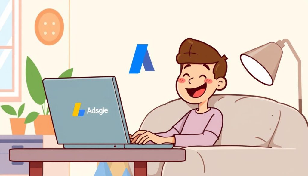 A stylized, cheerful cartoon illustration depicting a person happily accessing the Google AdSense platform on a laptop or desktop computer. The character should have an expression of delight and excitement, sitting comfortably in a cozy, well-lit home or office setting. The background should feature simple, colorful shapes and patterns that complement the overall mood. The scene should convey the ease and accessibility of setting up an AdSense account to monetize an online content creation business.