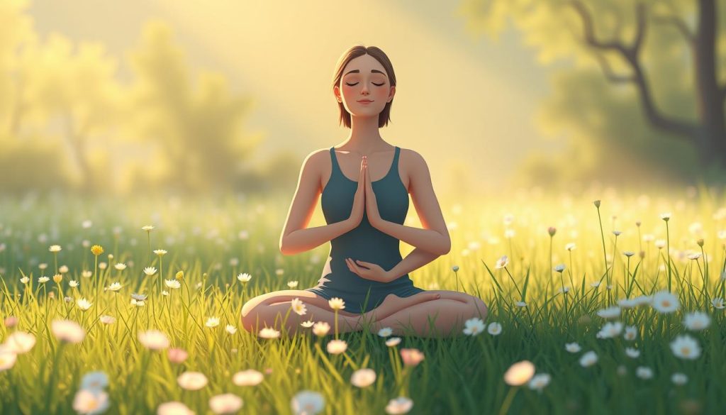 A tranquil meadow bathed in soft morning light, a serene figure sitting in lotus position, hands resting gently on their lap, eyes closed in deep meditation. Surrounding them, delicate flowers bloom, their petals dancing in the gentle breeze. The scene radiates a sense of inner peace and calm, inviting the viewer to slow down, breathe deeply, and connect with the present moment. The overall atmosphere is one of warmth, introspection, and the profound importance of meditation in finding balance and clarity within the mind.