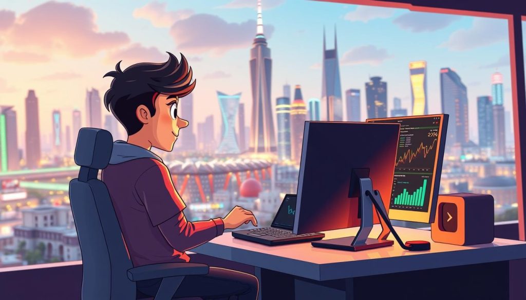 A vibrant 3D cartoon scene showcasing the process of video optimization for YouTube. In the foreground, a young content creator sits at a sleek, futuristic-looking workstation, intently focused on editing software. The middle ground features a range of visual elements: colorful graphs, charts, and statistics illustrating the analytics and metrics of video performance. In the background, a dynamic cityscape with towering skyscrapers and a bustling tech landscape sets the scene. The lighting is warm and inviting, with a soft glow emanating from the screens and digital displays. The overall mood is one of creativity, innovation, and the pursuit of video optimization excellence.