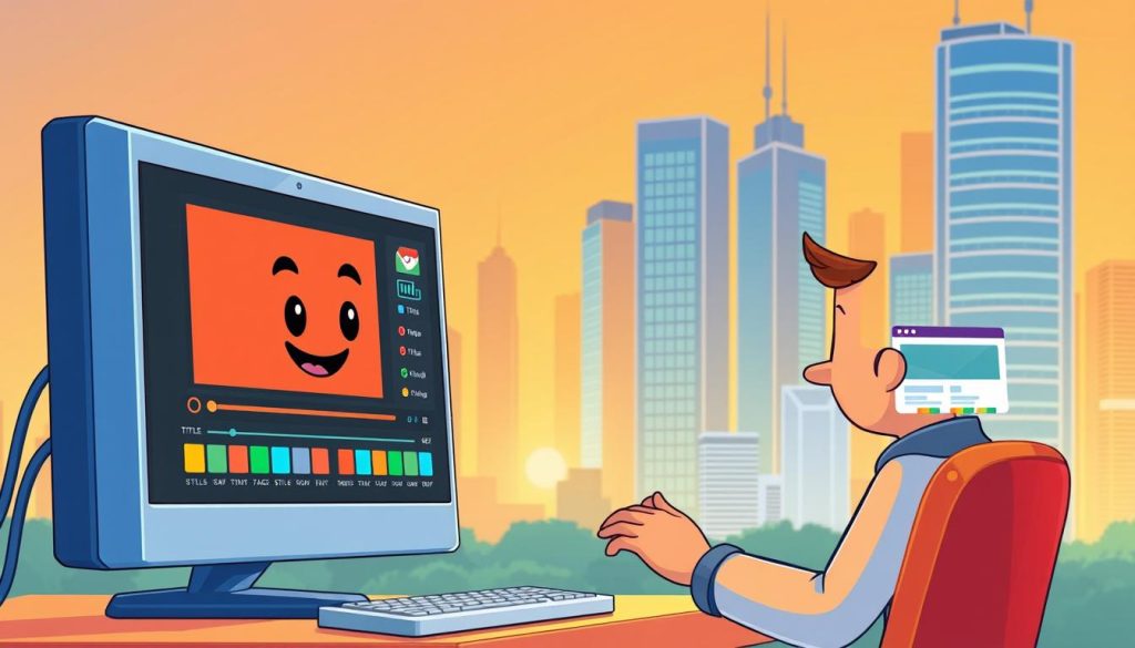 A vibrant 3D illustration depicting the process of video optimization for search engines. In the foreground, a friendly cartoon character operates a sleek video editing software, fine-tuning elements like titles, tags, and descriptions. In the middle ground, a series of colorful search engine icons and web browser windows represent the optimization workflow. The background showcases a stylized cityscape with towering skyscrapers, hinting at the vast online landscape. Warm lighting and a dynamic, upbeat composition convey the idea of effective video content discovery and engagement. The overall scene strikes a balance between technical details and an engaging, approachable visual style.