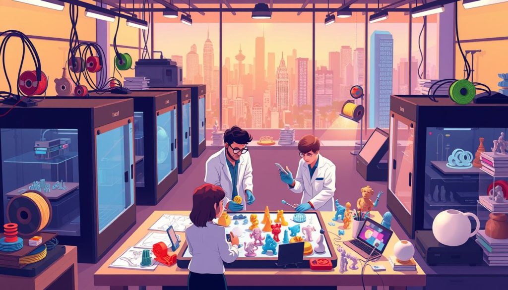 A vibrant 3D printing business scene, with a modern workshop filled with cutting-edge printers, spools of colorful filament, and engineers in lab coats meticulously calibrating the machines. In the foreground, a team of creative minds brainstorm on a large touchscreen, surrounded by sketches and prototypes. The middle ground showcases a diverse range of 3D-printed products, from intricate figurines to functional household items. The background depicts a bustling city skyline, hinting at the endless possibilities and growth potential of this dynamic industry. The lighting is warm and inviting, creating a sense of energy and innovation. This whimsical, cartoon-style image captures the essence of a thriving 3D printing business, primed for YouTube success and creative ventures. A vibrant 3D printing business scene, with a modern workshop filled with cutting-edge printers, spools of colorful filament, and engineers in lab coats meticulously calibrating the machines. In the foreground, a team of creative minds brainstorm on a large touchscreen, surrounded by sketches and prototypes. The middle ground showcases a diverse range of 3D-printed products, from intricate figurines to functional household items. The background depicts a bustling city skyline, hinting at the endless possibilities and growth potential of this dynamic industry. The lighting is warm and inviting, creating a sense of energy and innovation. This whimsical, cartoon-style image captures the essence of a thriving 3D printing business, primed for YouTube success and creative ventures.