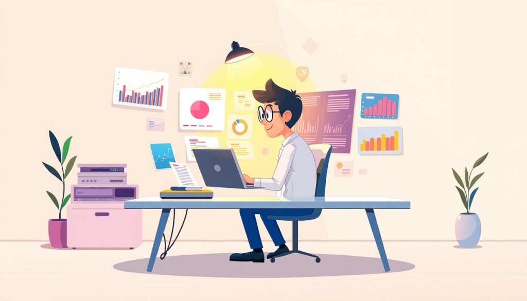 A vibrant and analytical visual representation of "تحلیل محتوا" - a playful, cartoon-style illustration depicting a researcher immersed in data analysis, surrounded by colorful charts, graphs, and digital displays. The figure is seated at a sleek, modern desk, bathed in a warm, focused light that highlights the intensity of their work. The background is a clean, minimalist workspace, with geometric shapes and patterns that evoke a sense of order and structure. The overall composition conveys a balance between the analytical and the creative, reflecting the process of content analysis and optimization.
